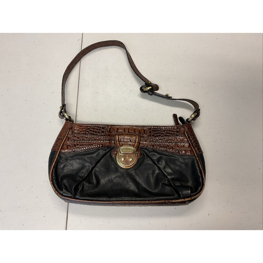 VTG Brahmin‎ 90's Black Brown Croc Embossed Shoulder Leather Purse med.